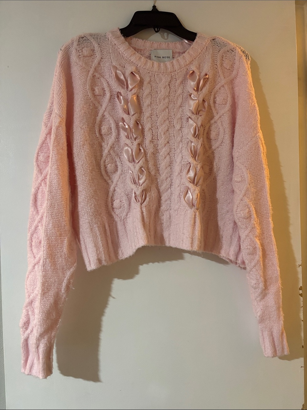 Pink Rose Pastel Pink Cable Knit Ribbon-Trim Sweater